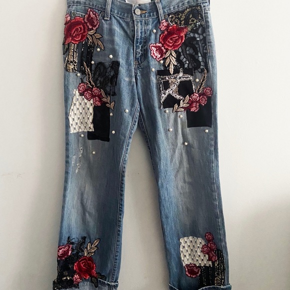 Custom patchwork pearls jeans(Sustainably Made)